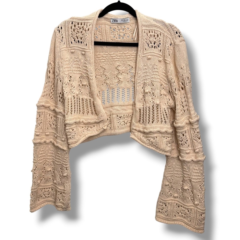 Zara Cardigan Women Large Cream Cropped Pointelle Open Knit Bell Sleeve Bobble